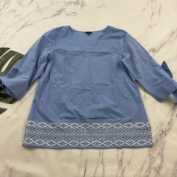 Talbots Embroidered Trim Tunic Top Size L Blue White Tie 3/4 Sleeve Blouse - Picture 1 of 12